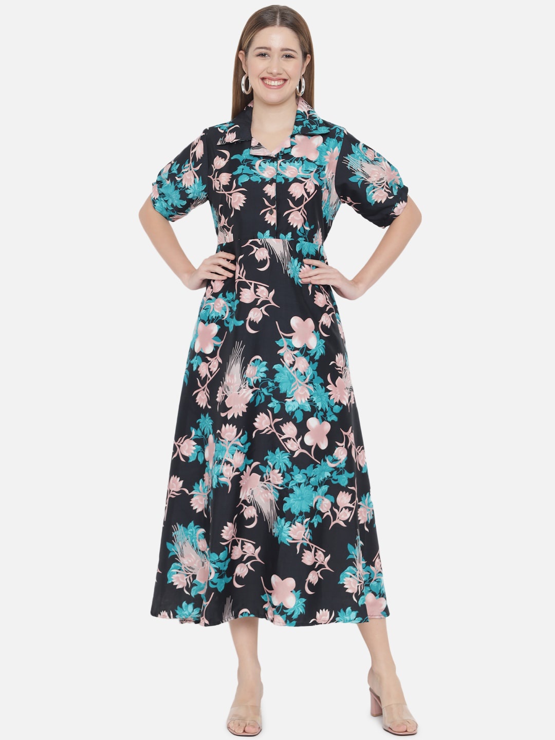 

Indietoga Green& Black Floral Crepe Maxi Dress