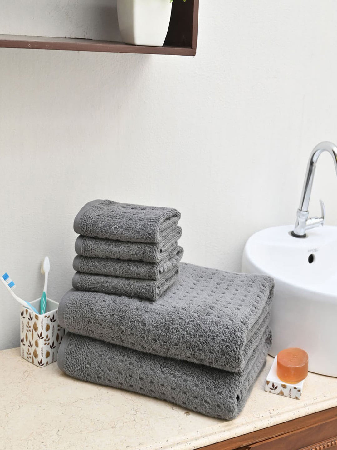 

AVI Living Set Of 6 Grey Self Design 500 GSM Pure Cotton Towel Set