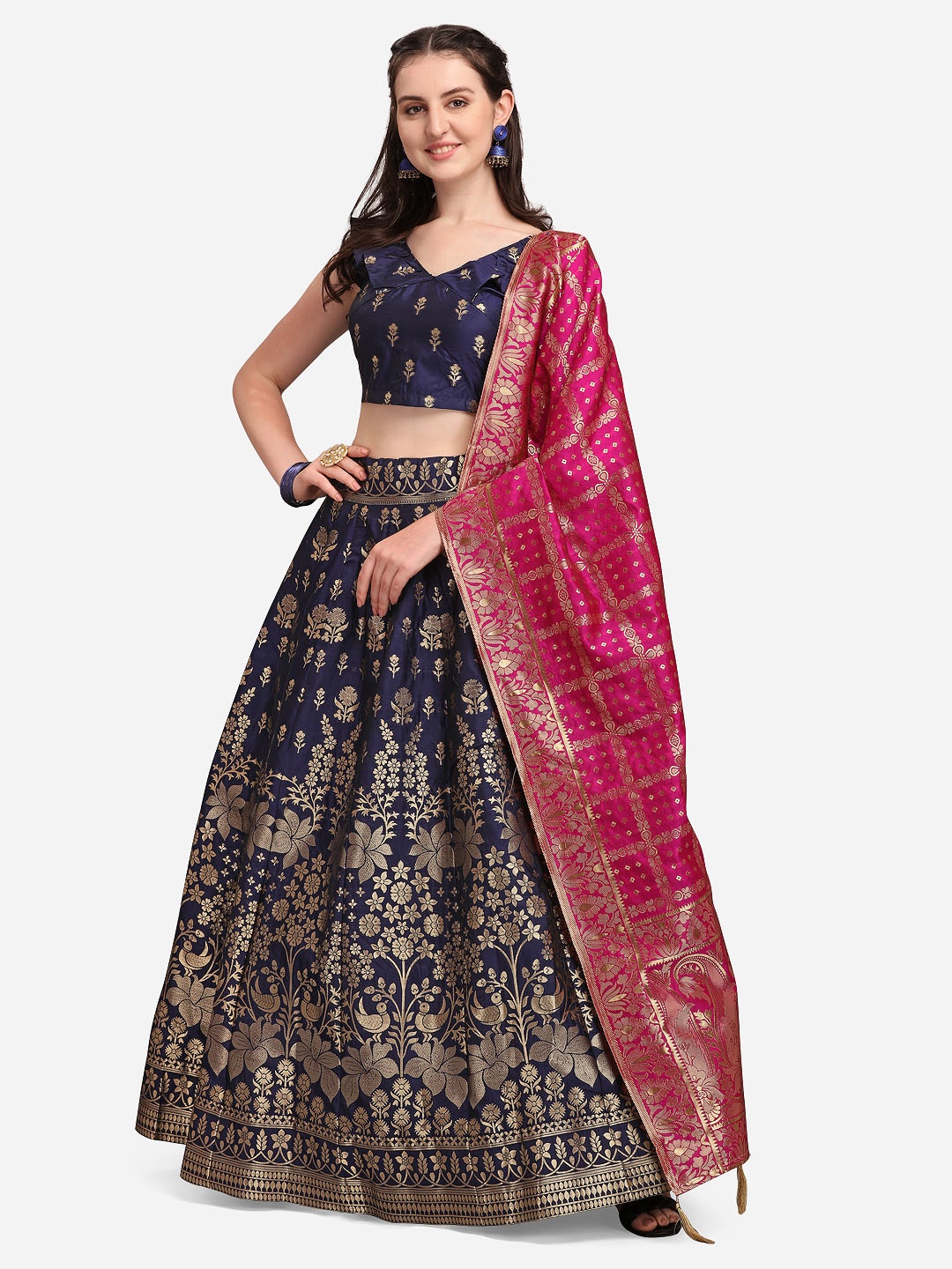 

PURVAJA Navy Blue & Pink Patchwork Ready to Wear Lehenga & Unstitched Blouse With Dupatta