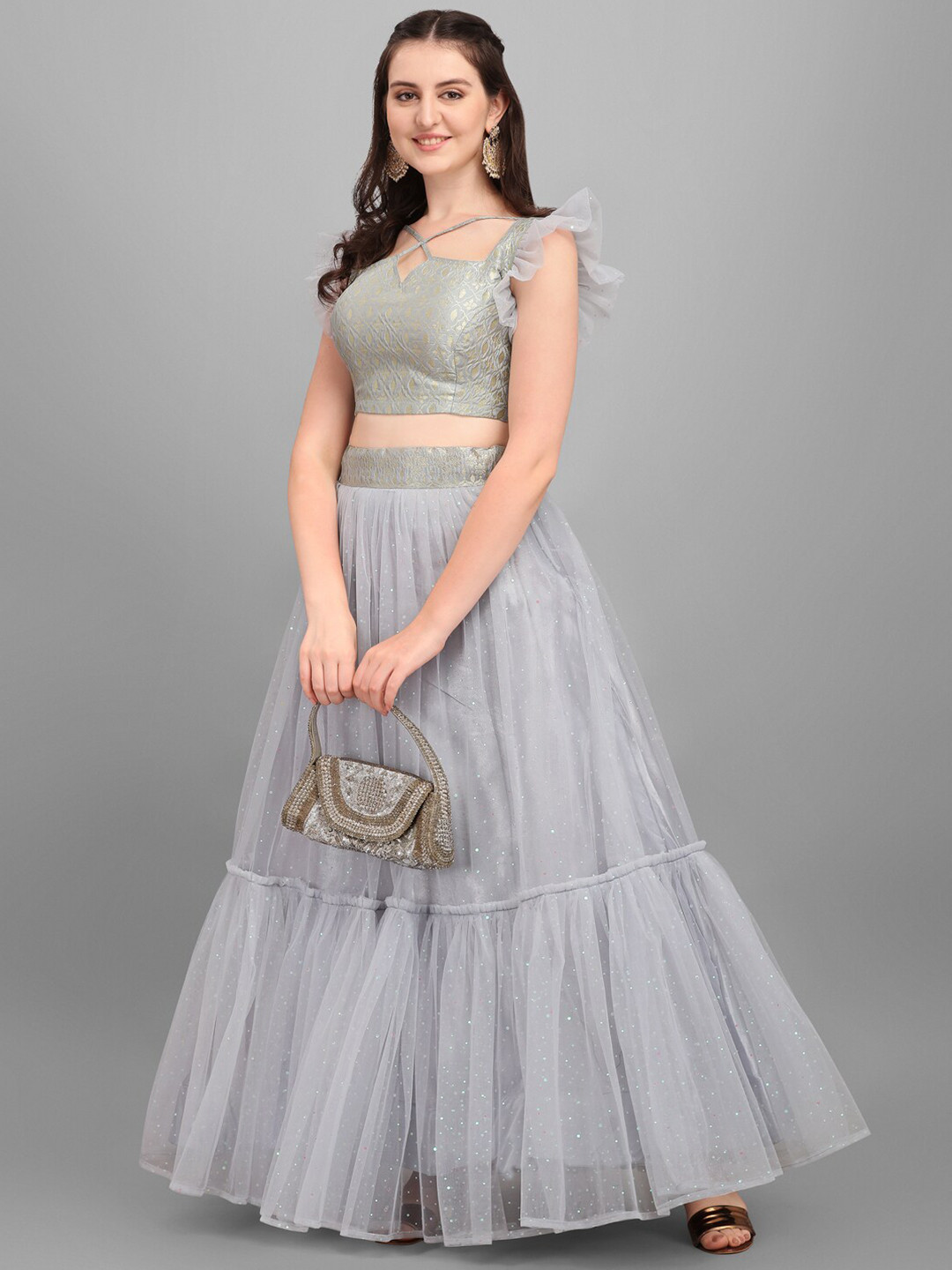 

PURVAJA Grey & Gold-Toned Ready to Wear Lehenga & Unstitched