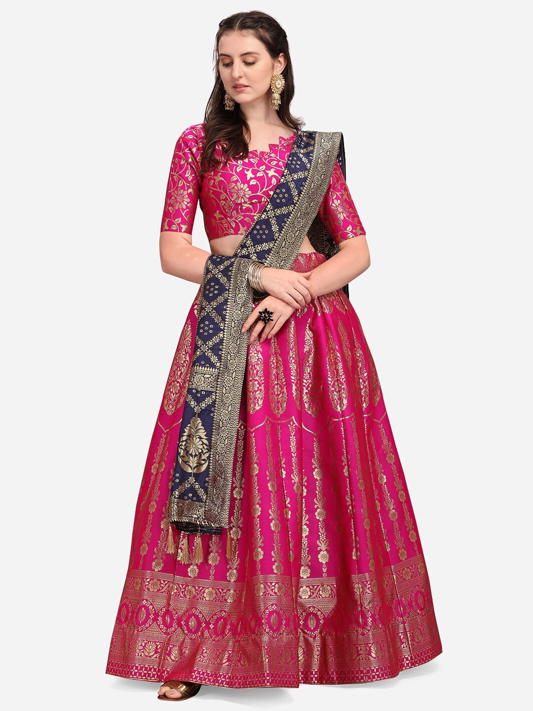 

PURVAJA Pink & Navy Blue Ready to Wear Lehenga & Unstitched Blouse With Dupatta