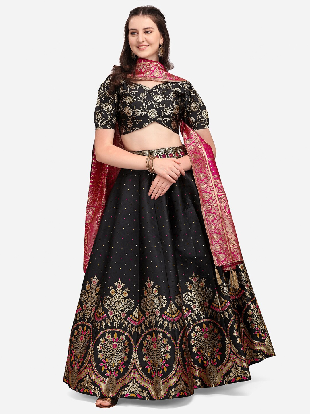 

PURVAJA Black & Pink Ready to Wear Lehenga & Unstitched Blouse With Dupatta