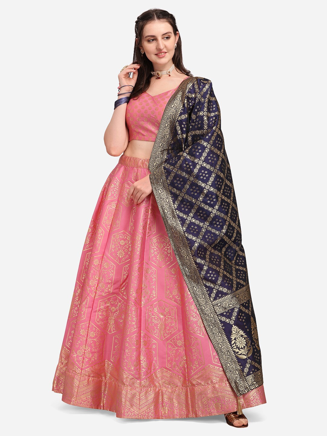 

PURVAJA Pink & Navy Blue Ready to Wear Lehenga & Unstitched Choli With Dupatta