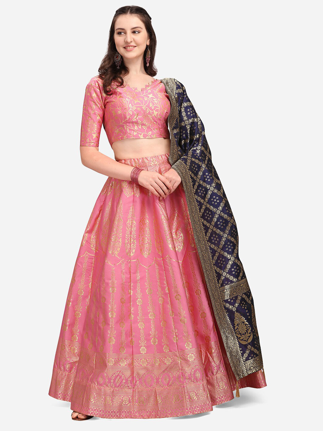 

PURVAJA Pink & Navy Blue Ready to Wear Lehenga & Unstitched Blouse With Dupatta