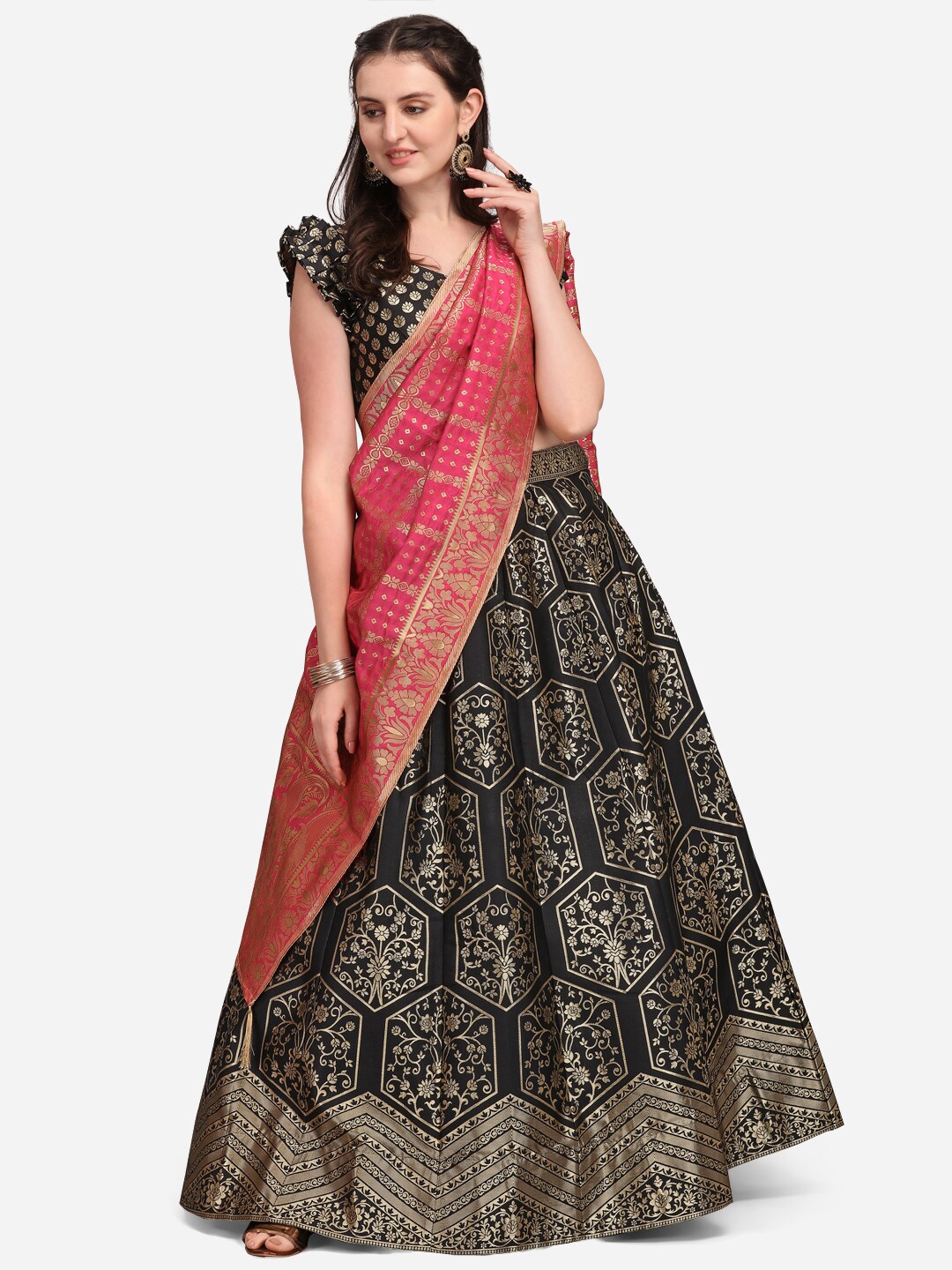 

PURVAJA Woman Black Printed Ready to Wear Lehenga & Unstitched Blouse With Dupatta