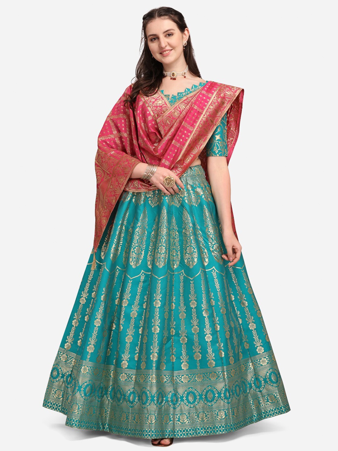 

PURVAJA Sea Green & Magenta Ready to Wear Lehenga & Unstitched Blouse With Dupatta