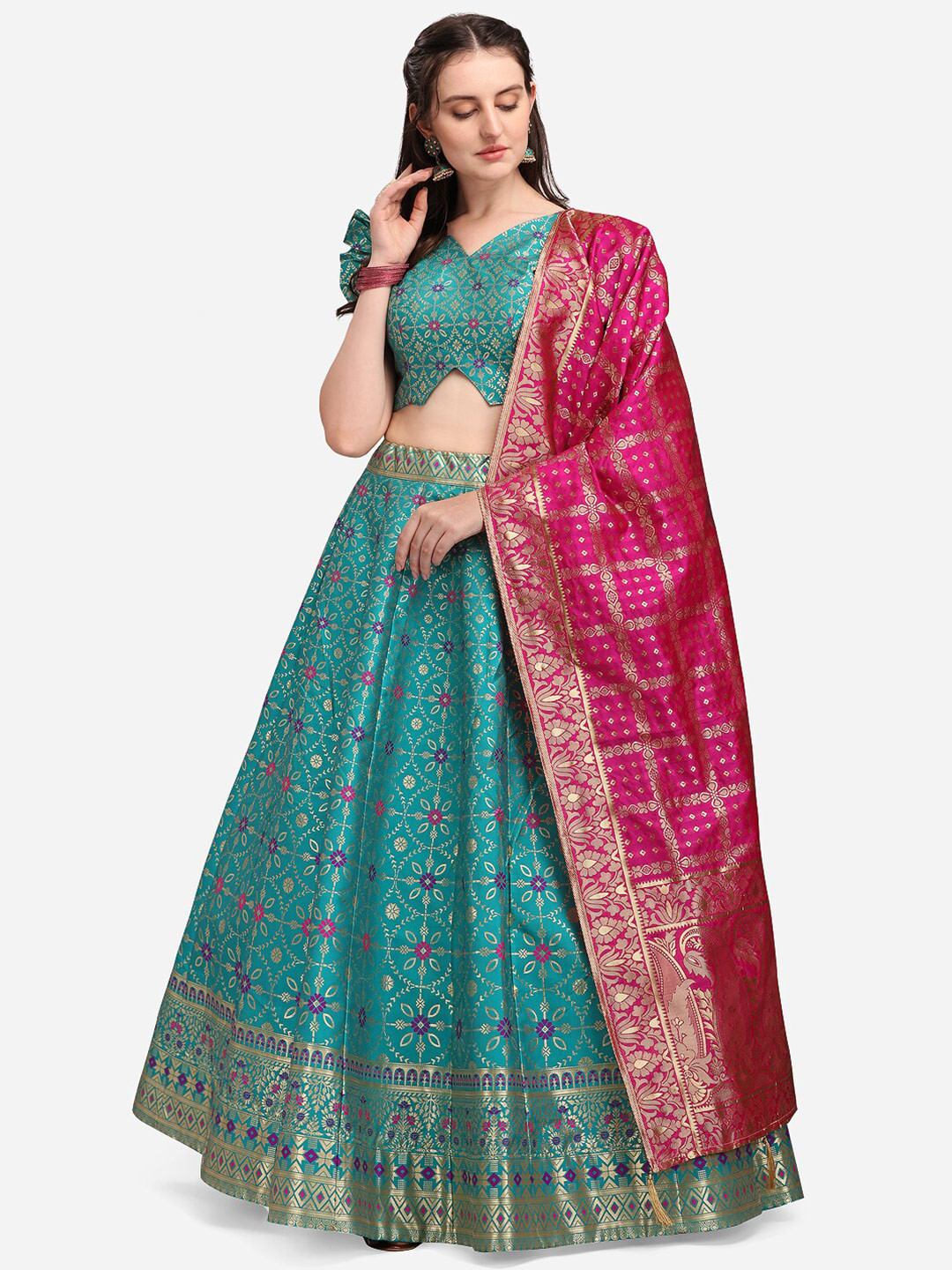 

PURVAJA Women Sea Green & Pink Woven Design Lehenga & Unstitched Blouse with Dupatta