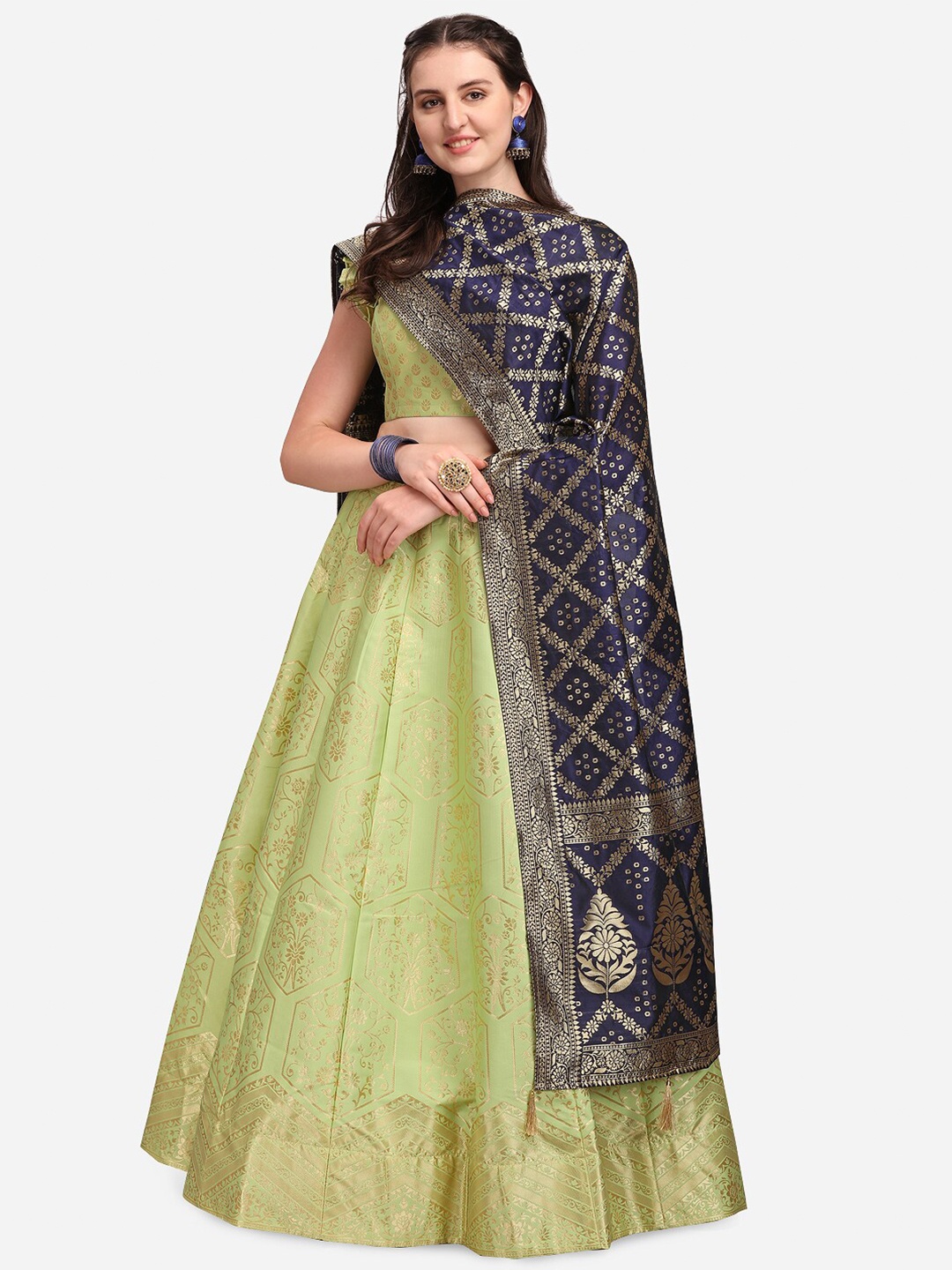 

PURVAJA Women Lime Green & Navy Blue Stitched Lehenga & Unstitched Blouse with Dupatta