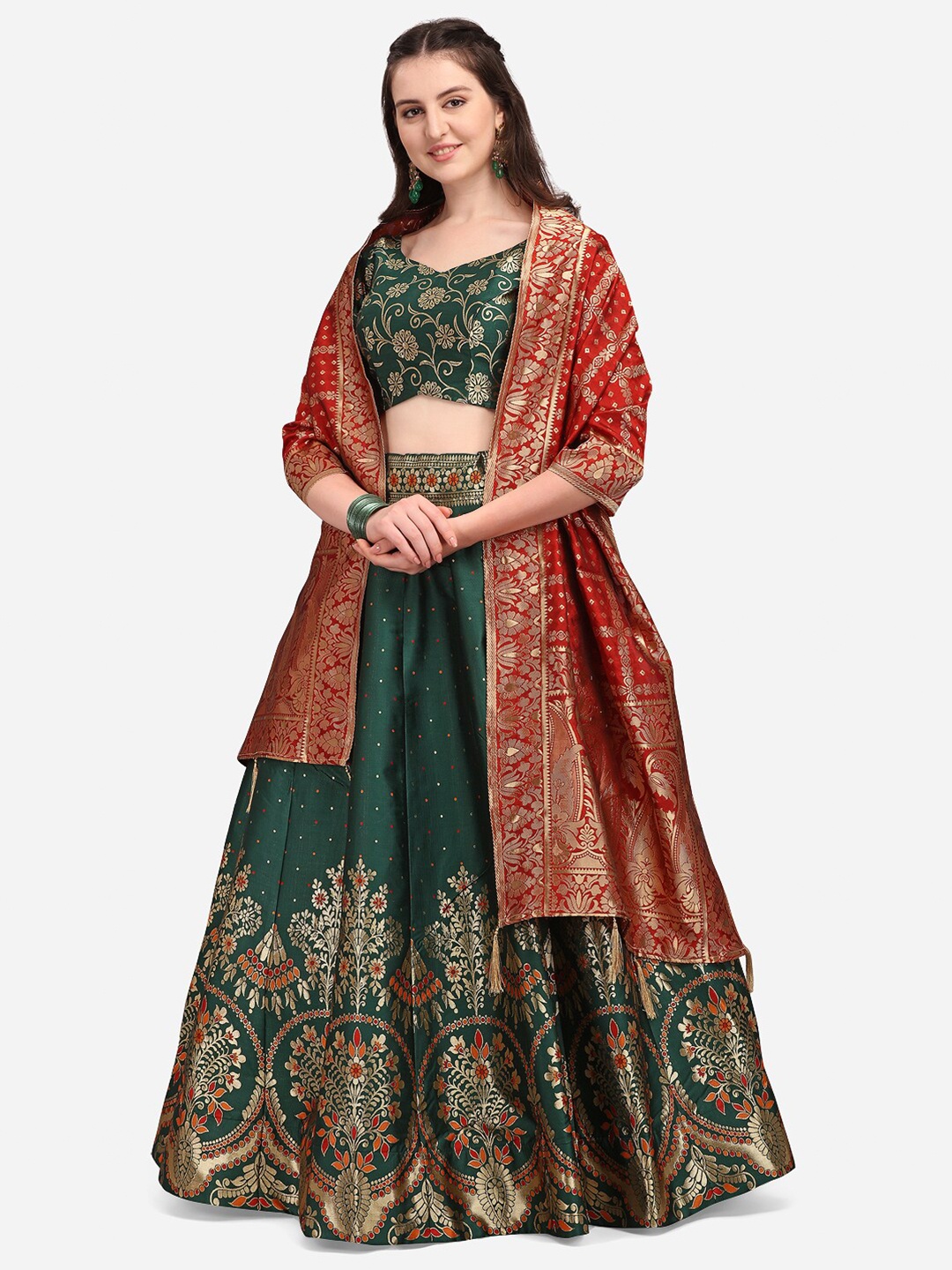 

PURVAJA Green & Gold-Toned Ready to Wear Lehenga & Unstitched Blouse With Dupatta