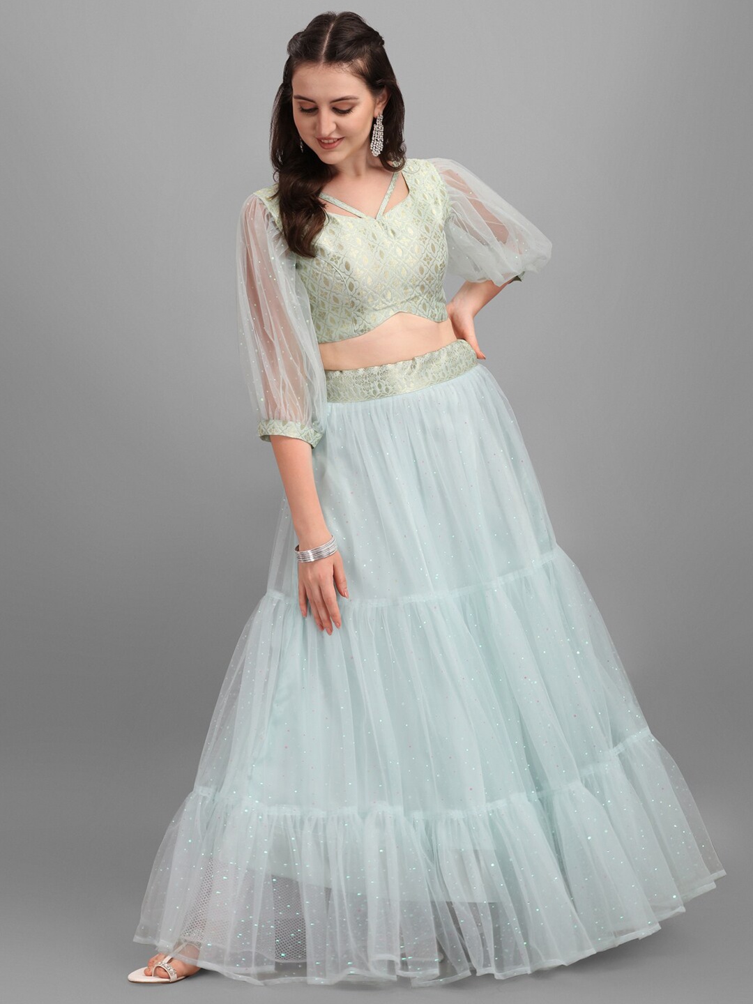 

PURVAJA Blue & Gold-Toned Ready to Wear Lehenga & Unstitched
