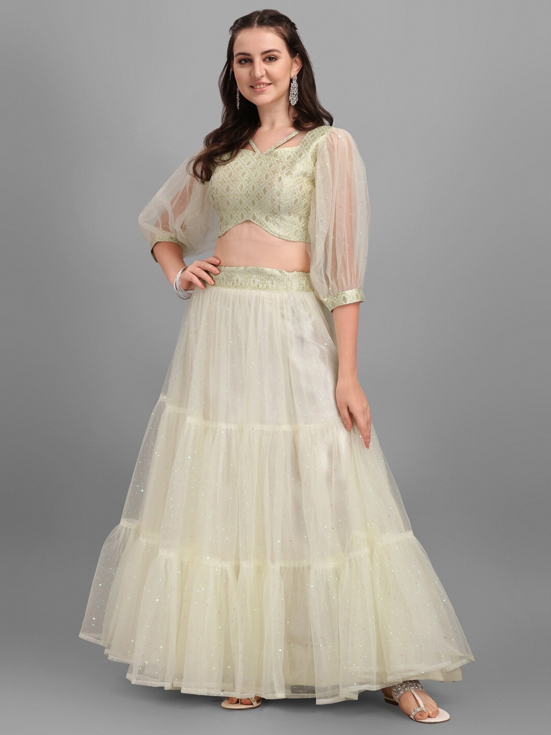 

PURVAJA Yellow & Gold-Toned Embellished Ready to Wear Lehenga & Unstitched