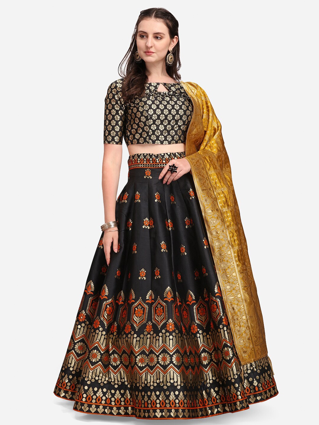 

PURVAJA Black & Mustard Ready to Wear Lehenga & Unstitched Blouse With Dupatta