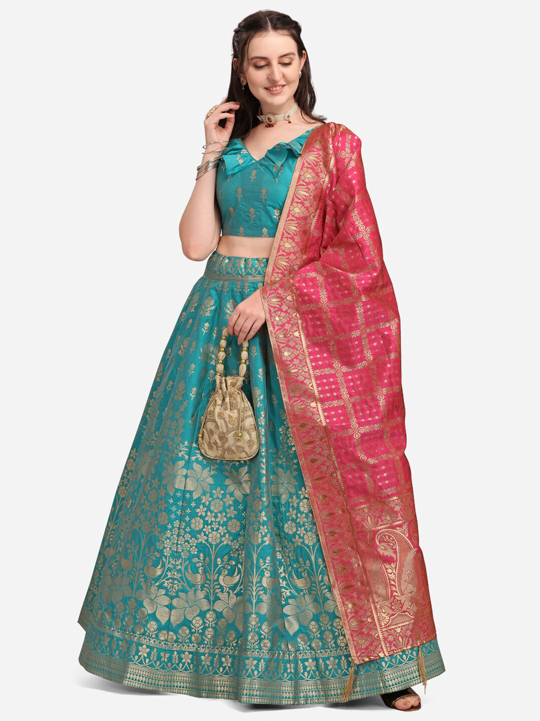 

PURVAJA Women Sea Green & Pink Woven Design Lehenga & Unstitched Blouse with Dupatta