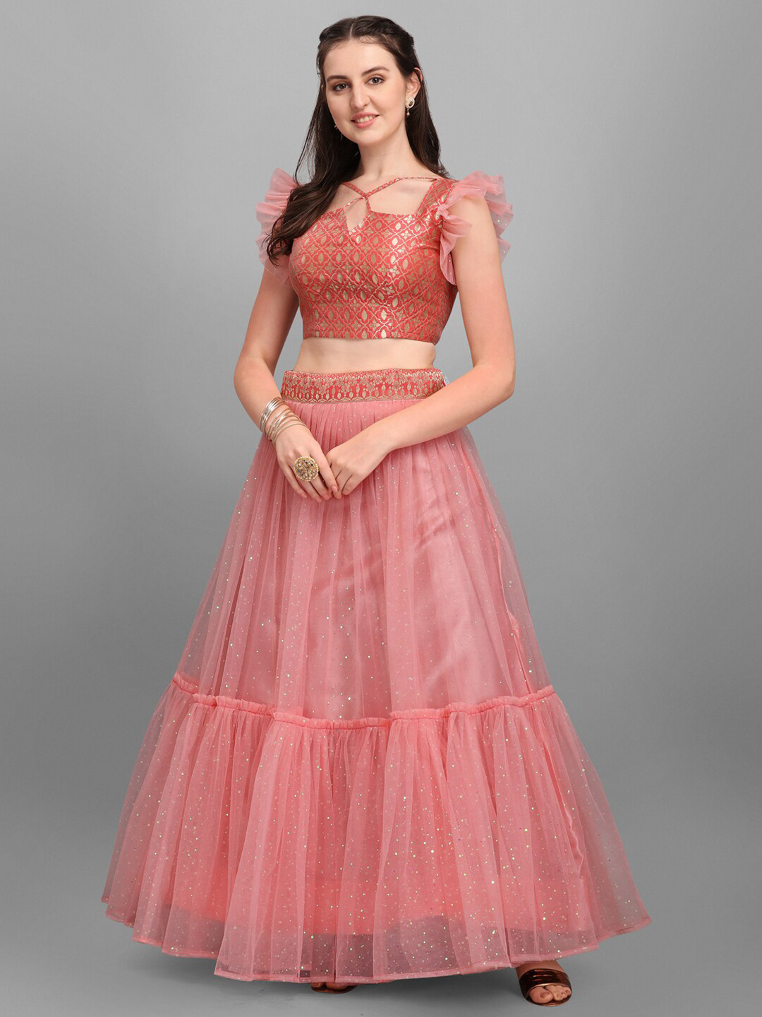 

PURVAJA Pink & Gold-Toned Ready to Wear Lehenga & Unstitched
