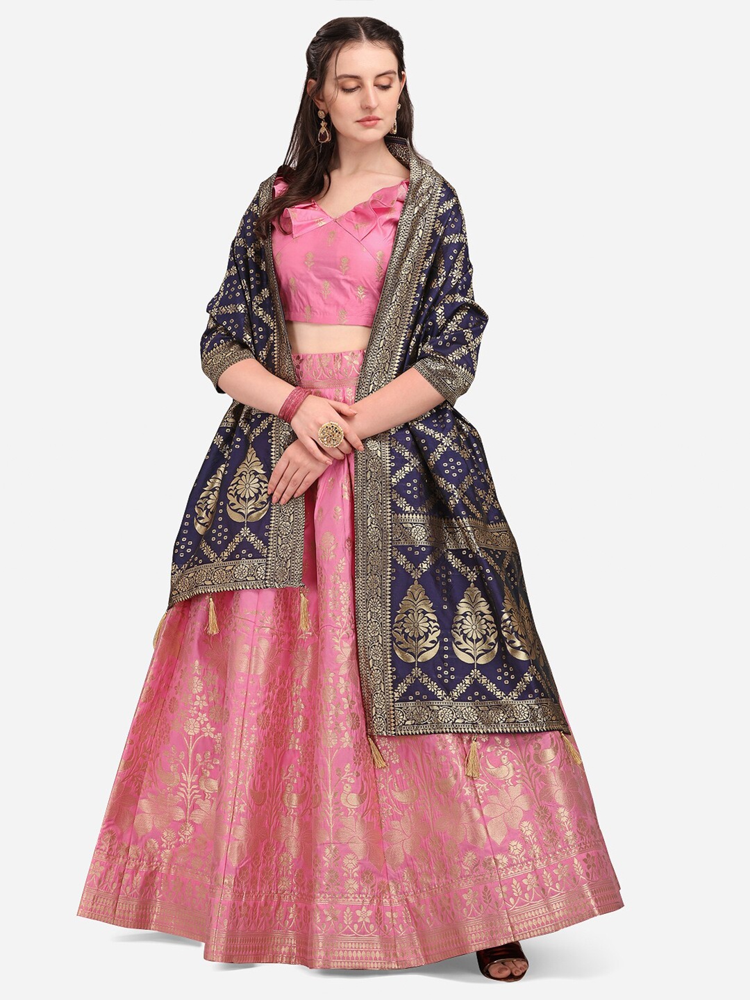 

PURVAJA Pink & Navy Blue Ready to Wear Lehenga & Unstitched Blouse With Dupatta