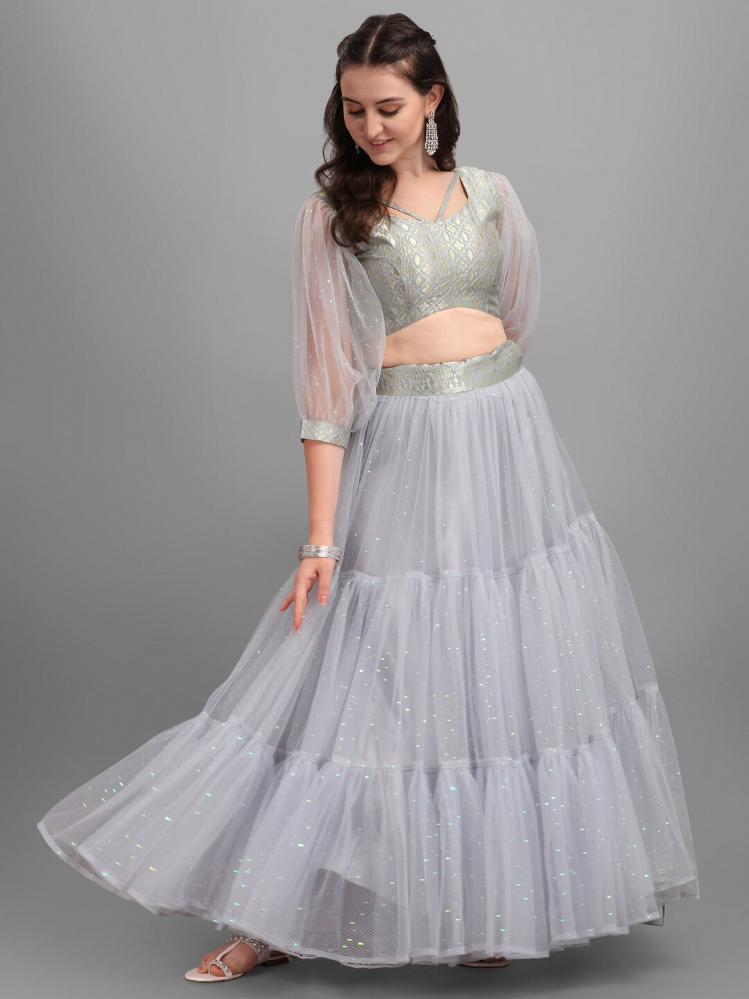 

PURVAJA Grey & Gold-Toned Ready to Wear Lehenga & Unstitched