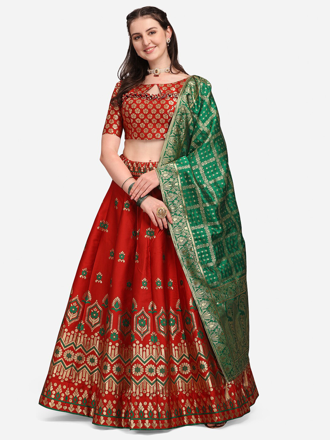 

PURVAJA Red & Green Ready to Wear Jacquard Lehenga & Unstitched Blouse With Dupatta