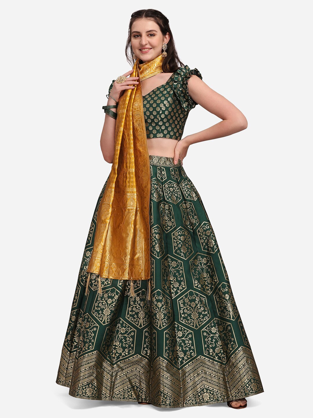 

PURVAJA Green & Yellow Ready to Wear Lehenga & Unstitched Blouse With Dupatta