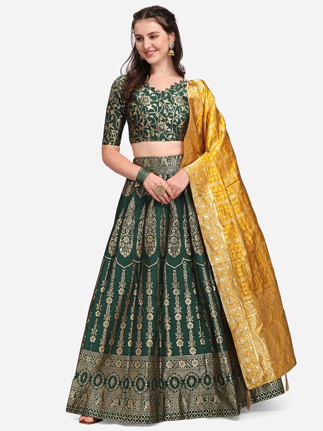 

PURVAJA Green & Mustard Ready to Wear Lehenga & Unstitched Blouse With Dupatta