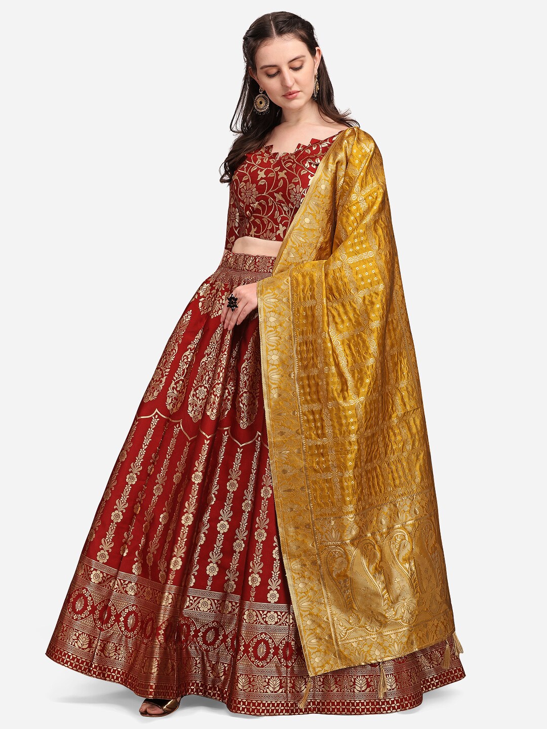 

PURVAJA Maroon & Yellow Ready to Wear Lehenga & Unstitched Blouse With Dupatta