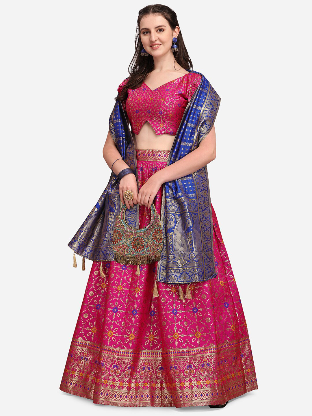 

PURVAJA Pink & Blue Ready to Wear Jacquard Lehenga & Unstitched Blouse With Dupatta