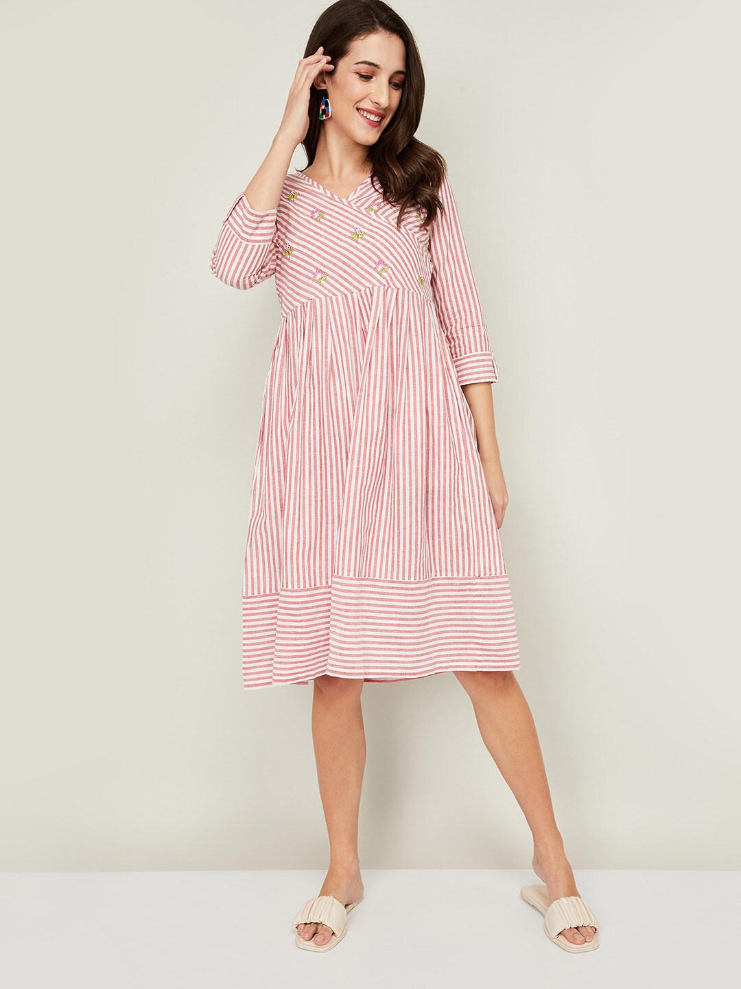 

Colour Me by Melange Off White & Pink Striped A-Line Dress