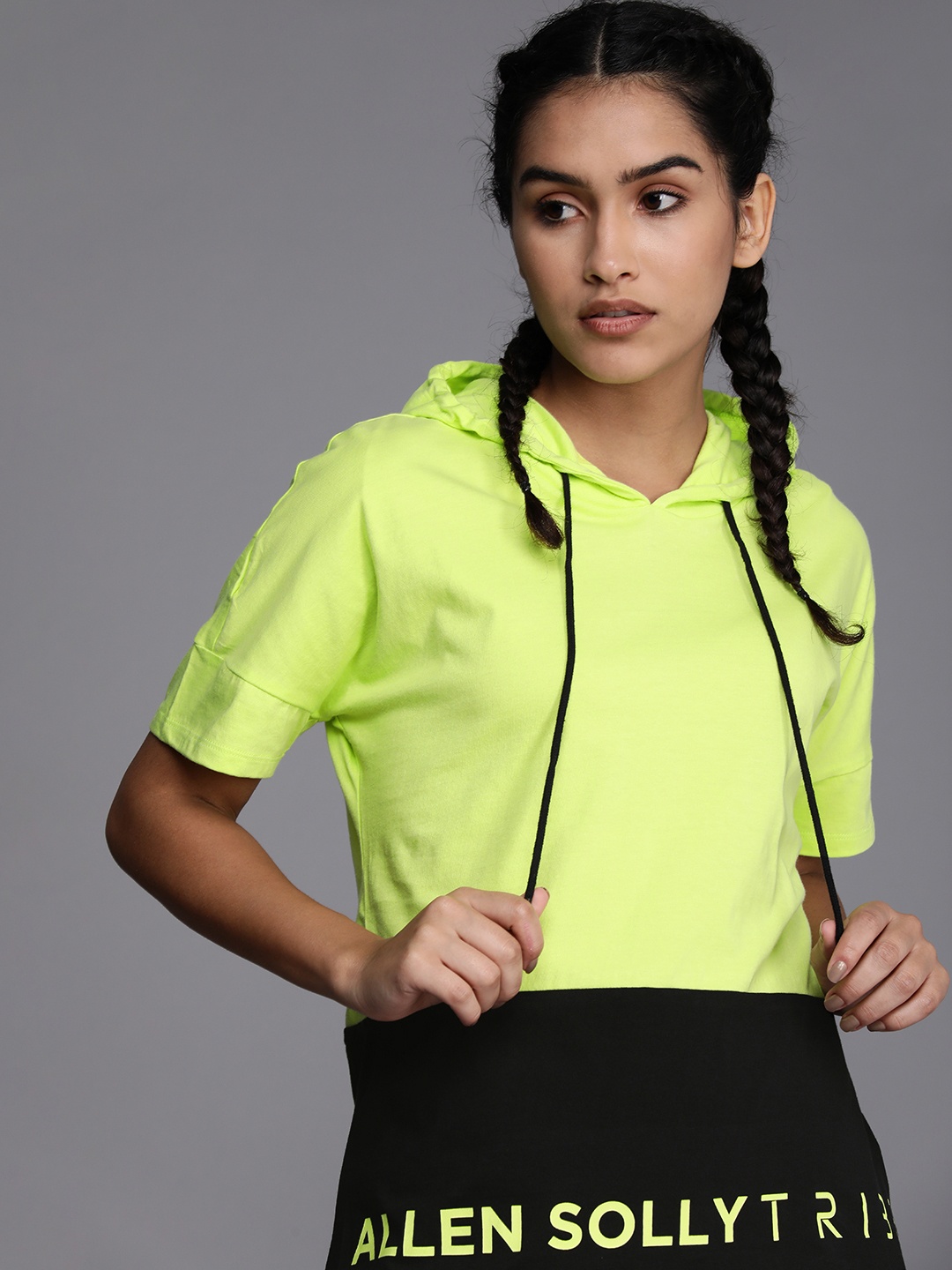 

Allen Solly Woman Women Neon Green And Black Colourblocked Pure Cotton Hooded T-shirt
