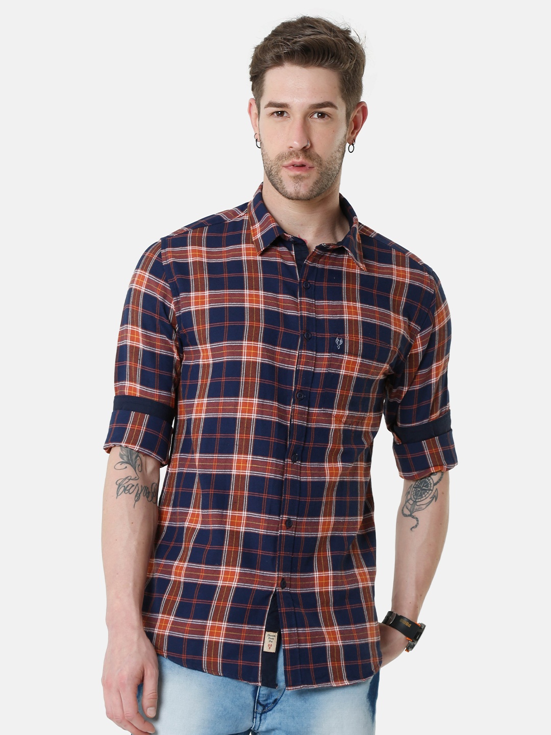 

VUDU Men Navy Blue & Orange Comfort Tartan Checked Casual Shirt