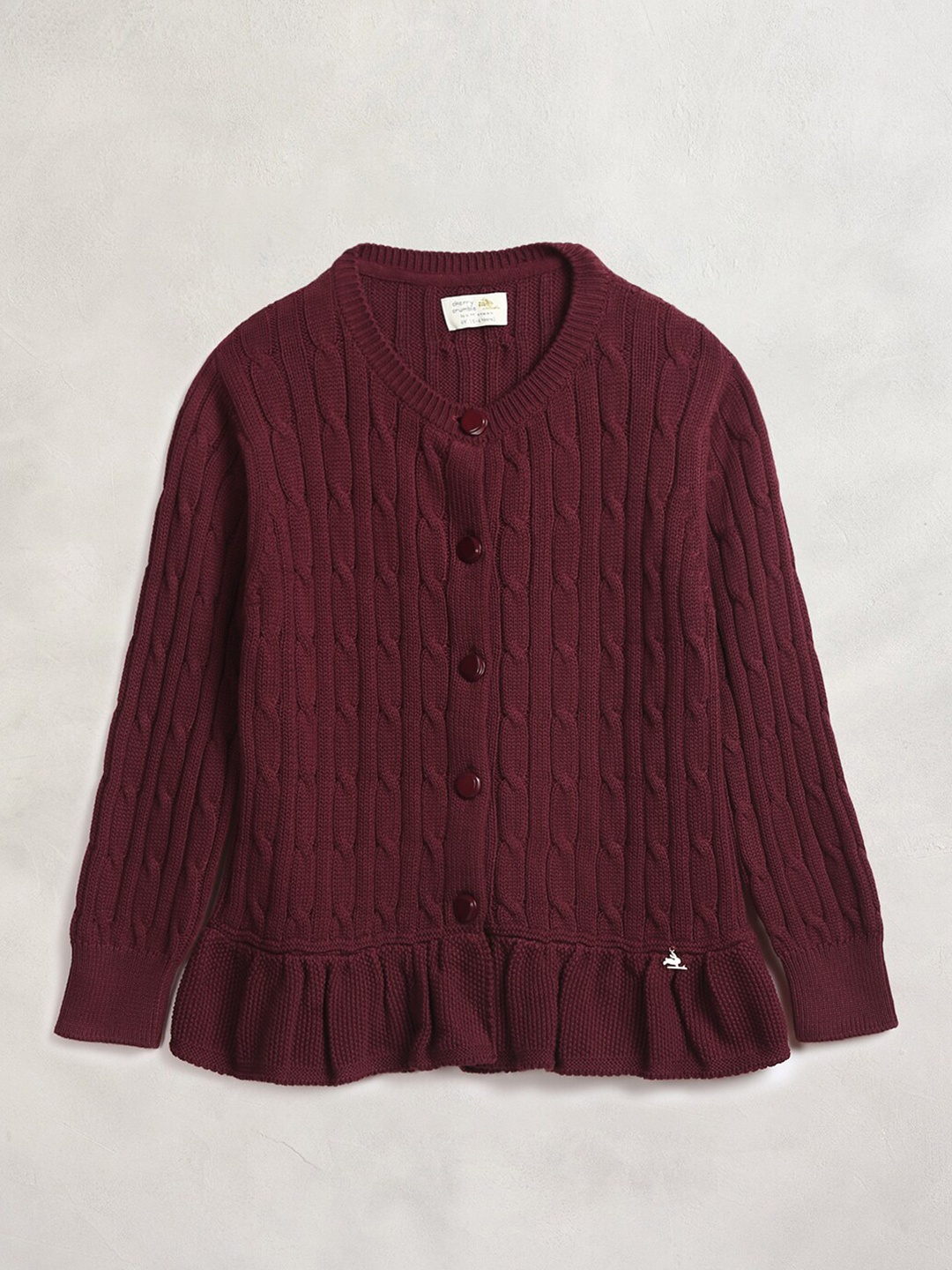 

Cherry Crumble Girls Maroon Cable Knit Cardigan