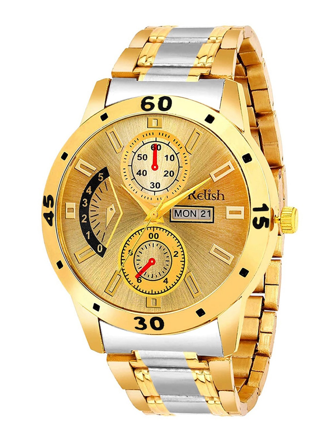 

Relish Men Gold-Toned Dial & Gold Toned Stainless Steel Bracelet Style Straps Analogue Watch RE-GOLD0101