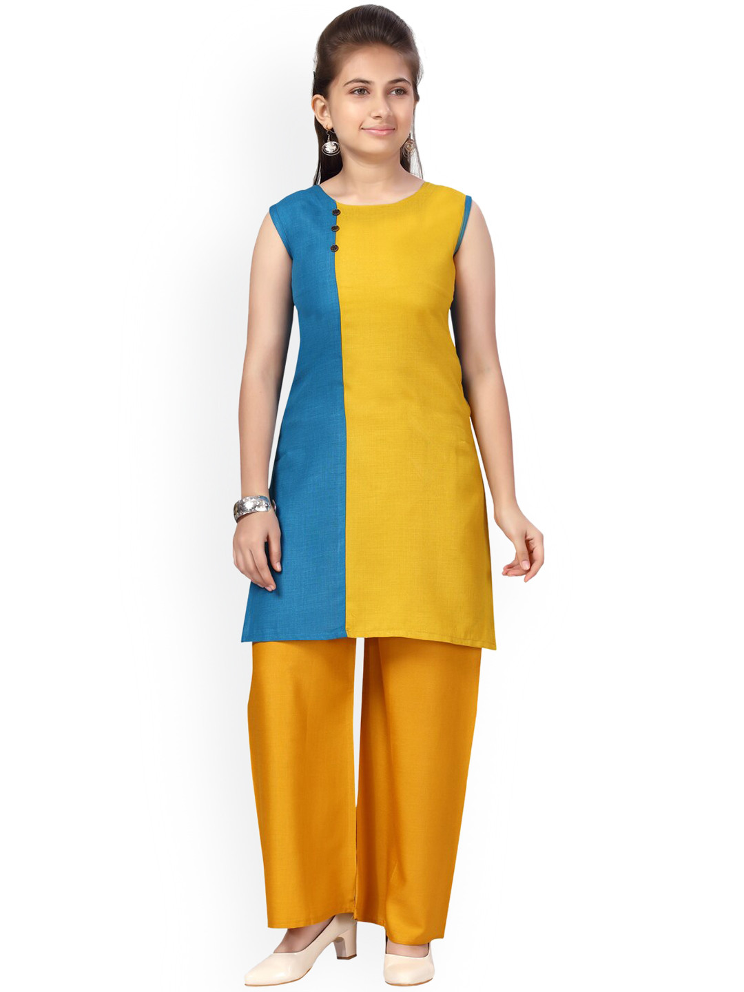 

Aarika Girls Yellow & Blue Colourblocked Pure Cotton Kurta with Palazzos