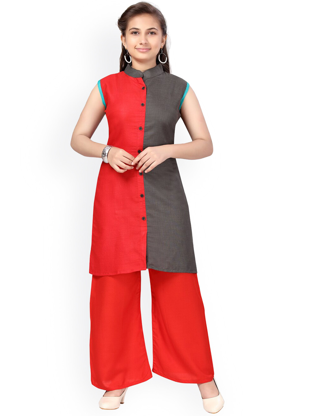 

Aarika Girls Red Colourblocked Pure Cotton Kurta with Palazzos