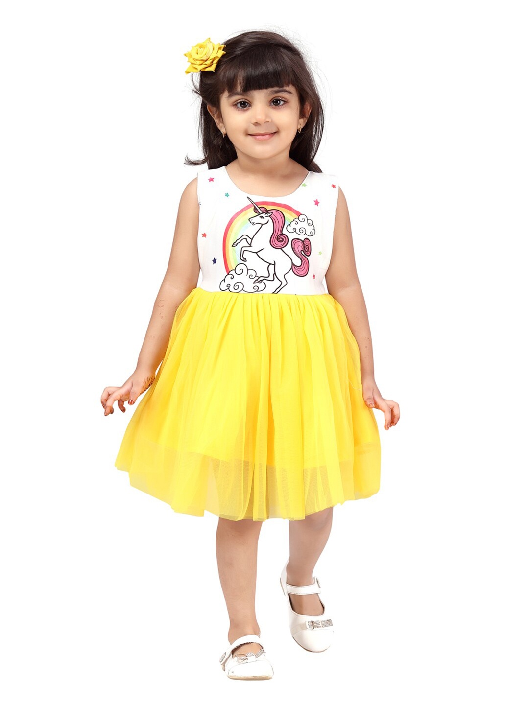 

Aarika Yellow & White Unicorn Printed Net Dress