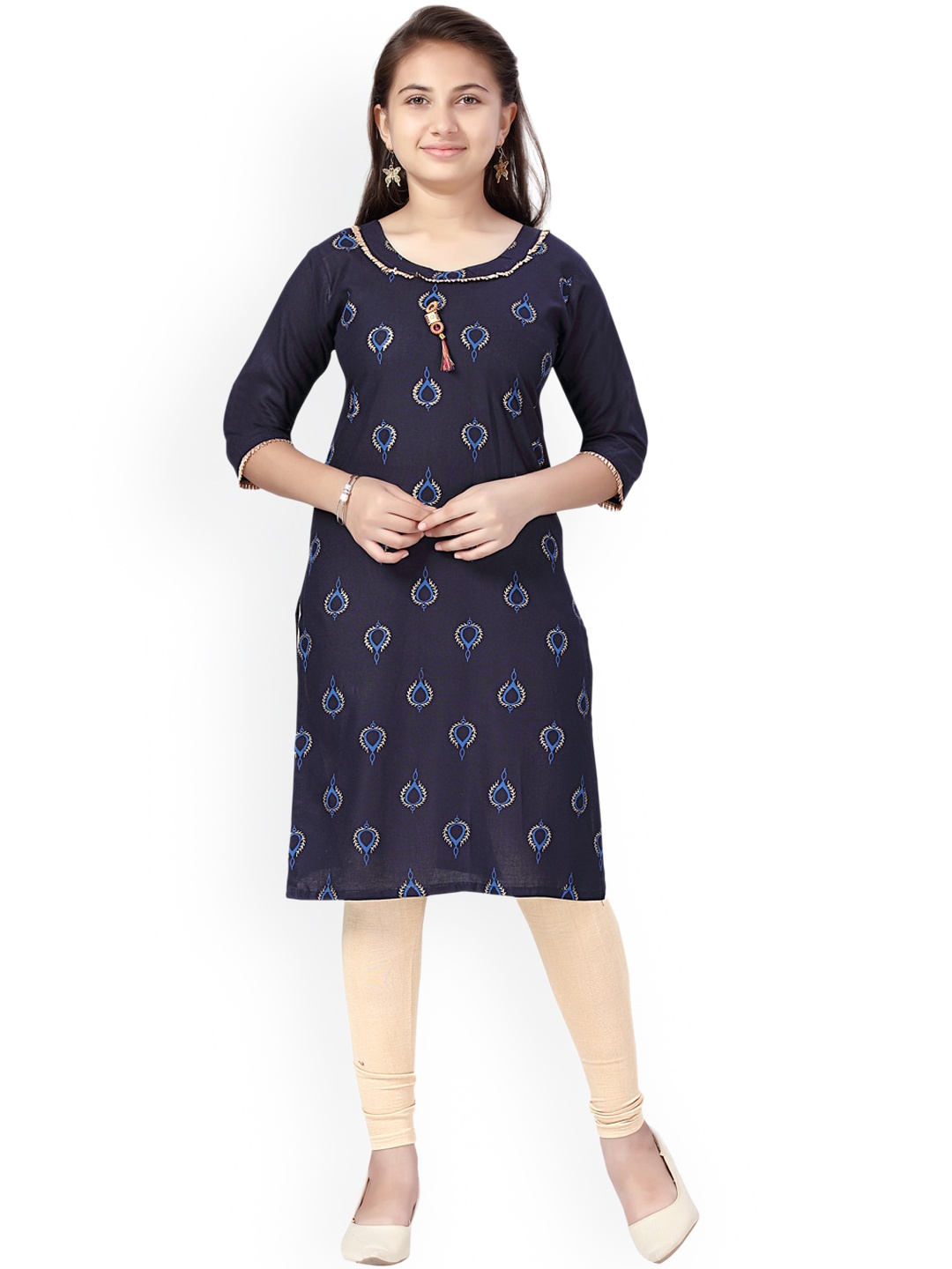 

Aarika Girls Navy Blue & Beige Ethnic Motifs Embroidered Pure Cotton Kurta with Churidar