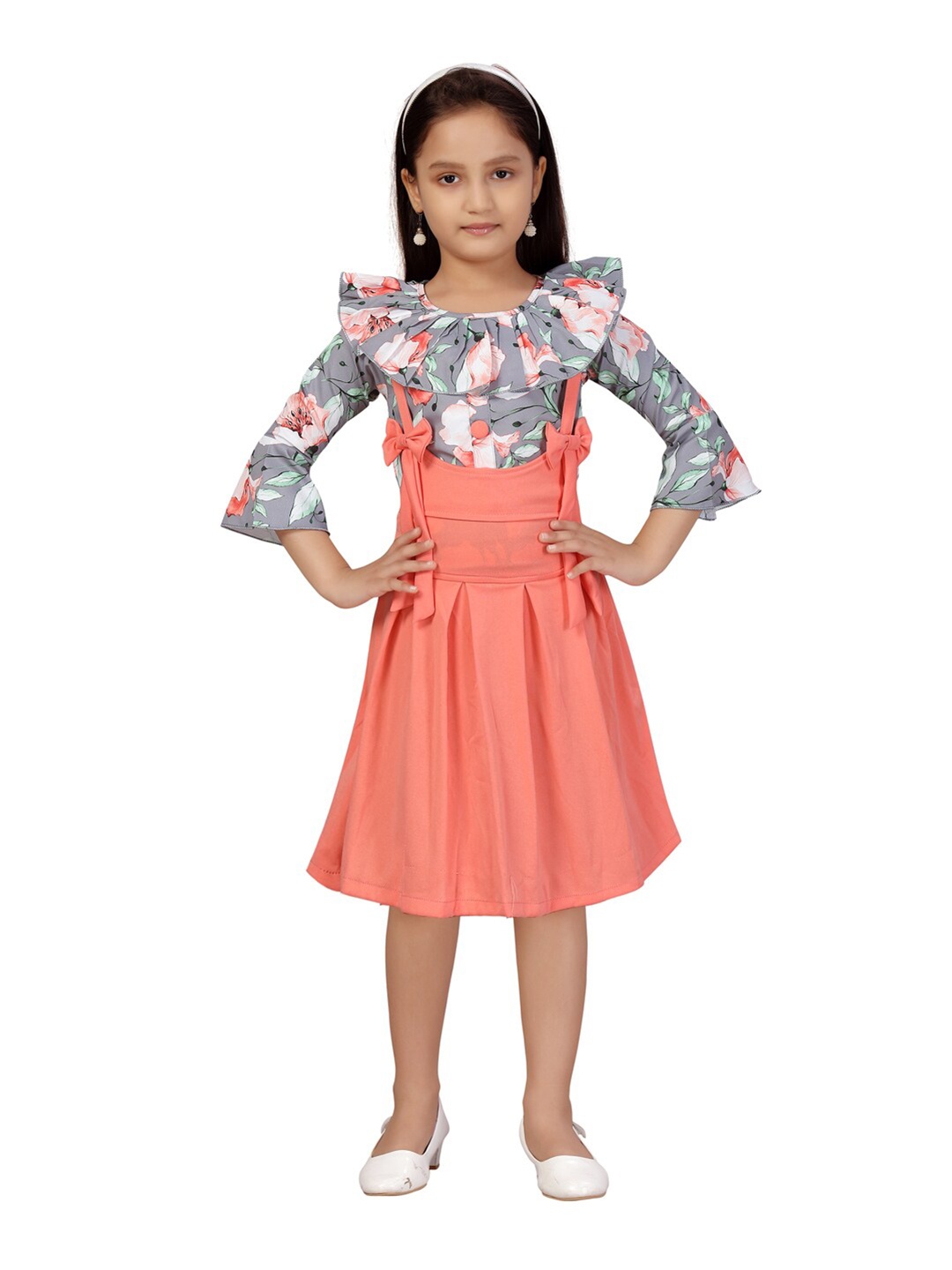 

Aarika Girls Grey & Orange Printed Top with Skirt