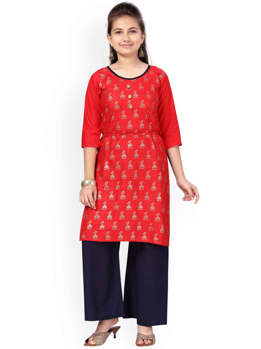 

Aarika Girls Red Floral Printed Pure Cotton Kurta with Palazzos