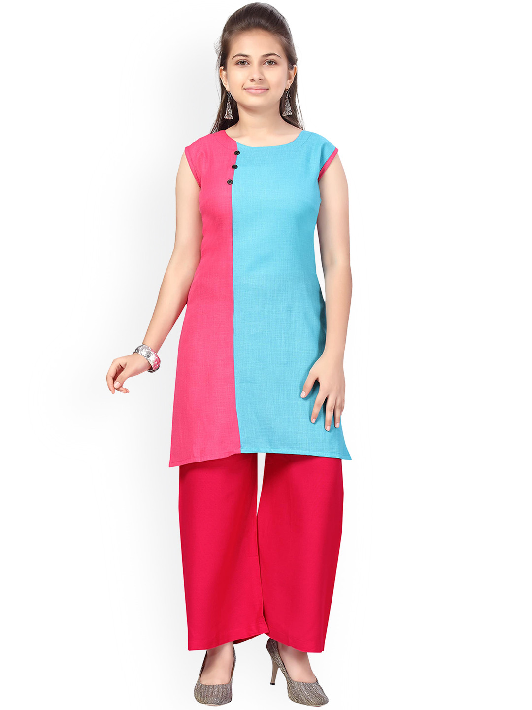 

Aarika Girls Turquoise Blue & Fuchsia Colourblocked Pure Cotton Kurta with Palazzos