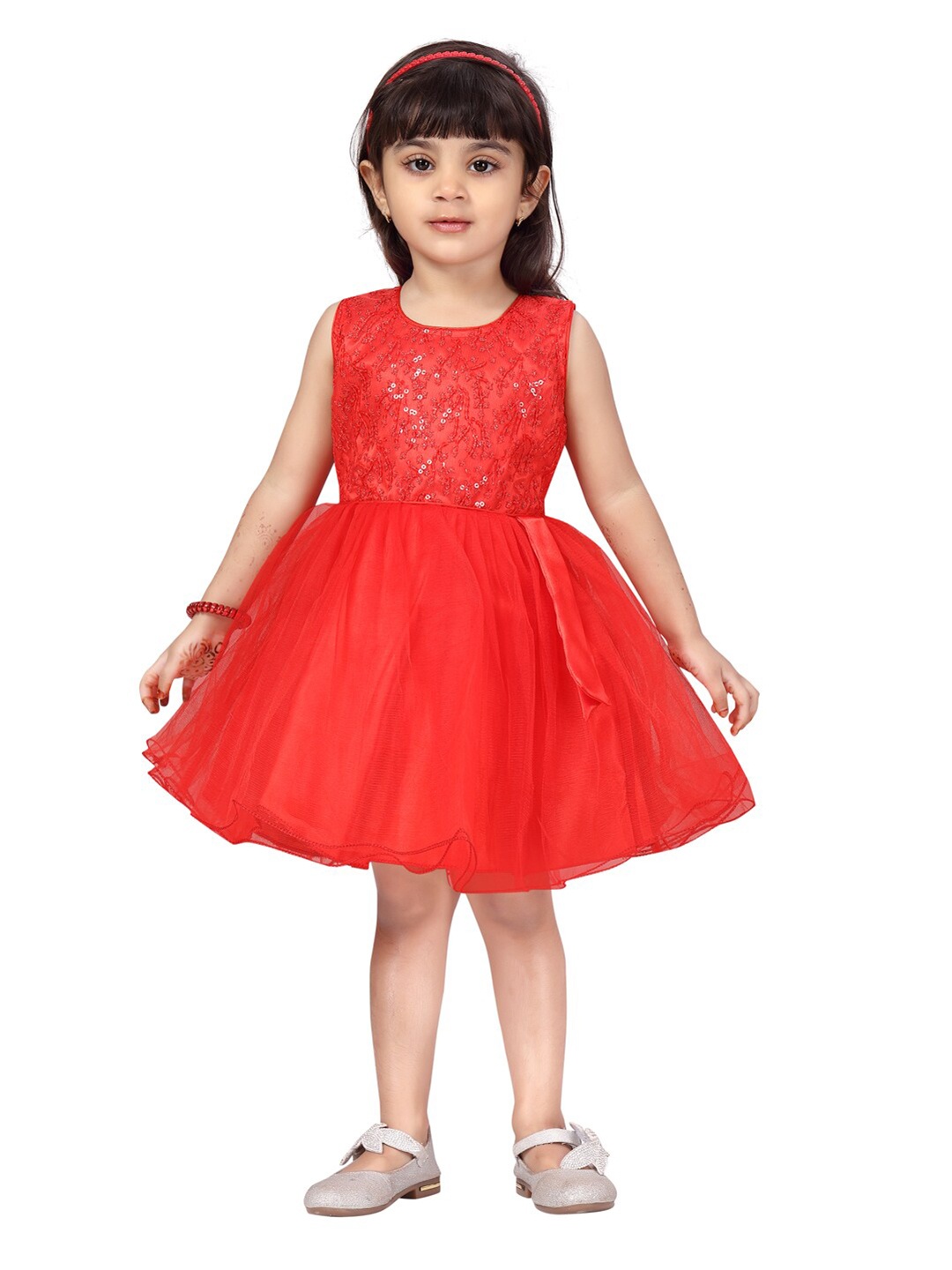 

Aarika Girls Red Floral Embroidered Sequinned Net Fit & Flare Dress