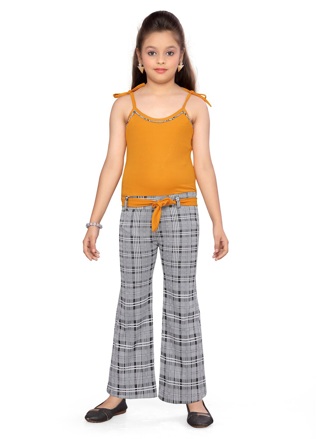 

Aarika Girls Yellow & Grey Checked Cotton Basic Jumpsuit