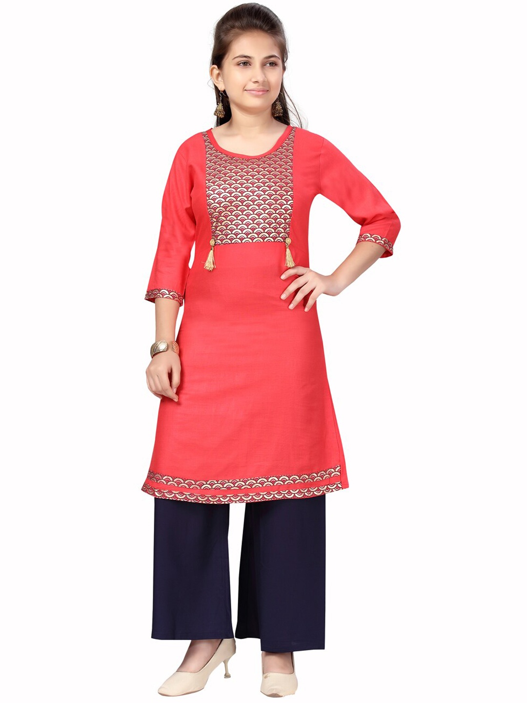 

Aarika Girls Red & Navy Blue Yoke Design Pure Cotton Kurta with Palazzos