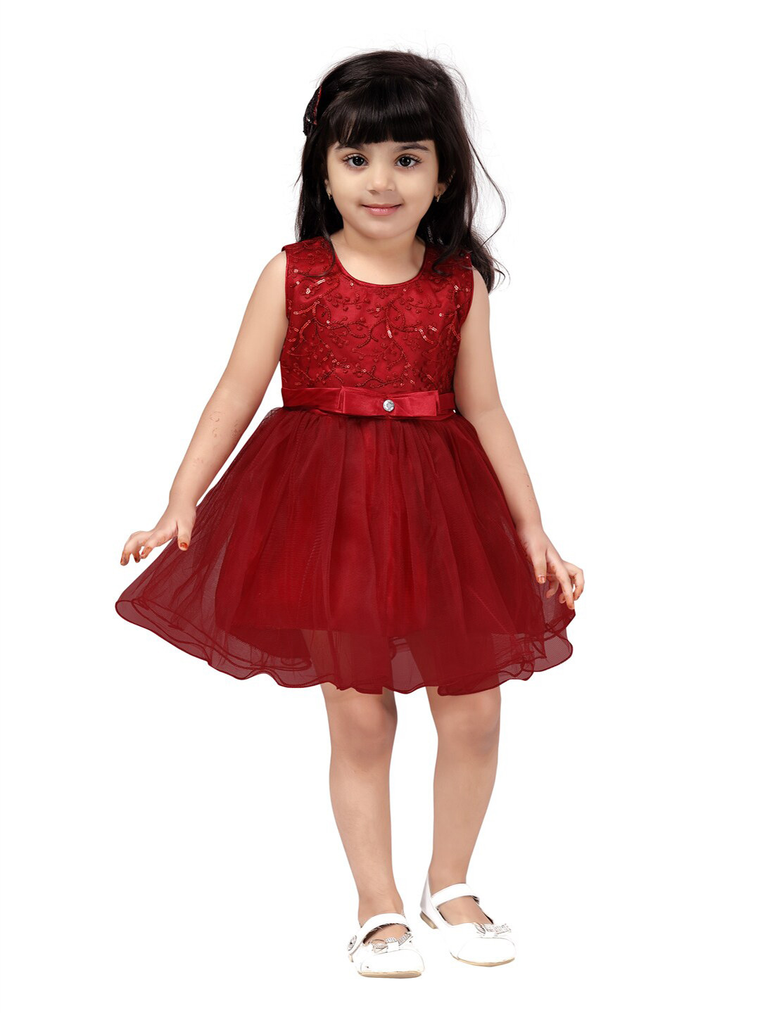 

Aarika Girls Maroon Net Dress