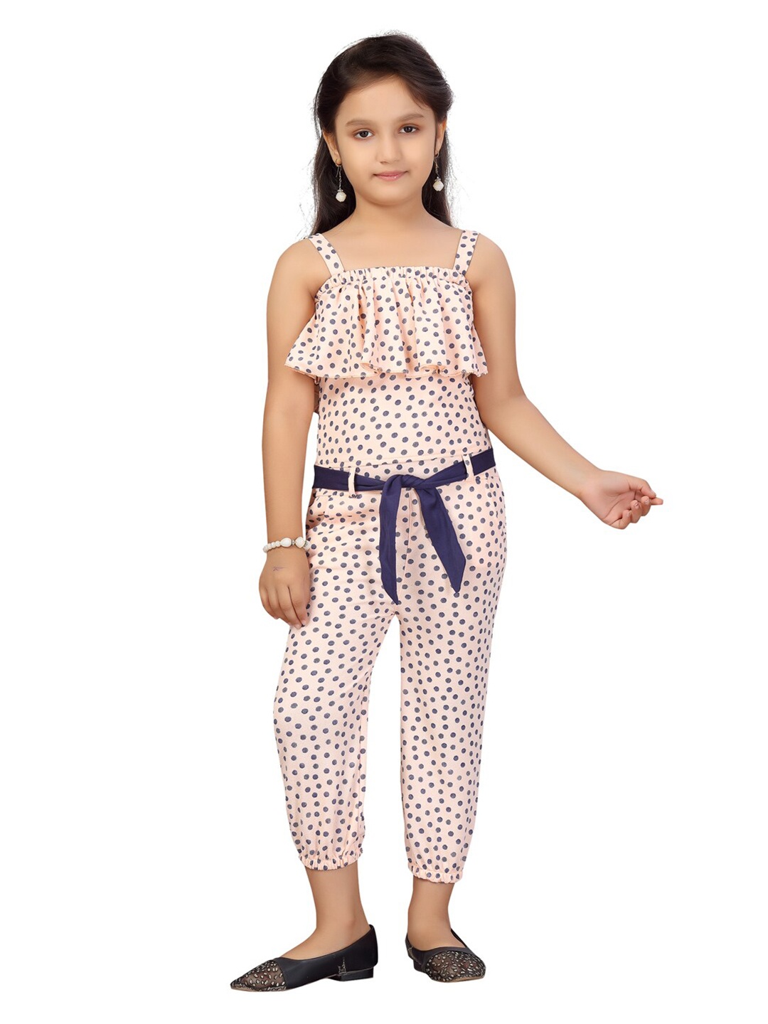

Aarika Girls Peach-Coloured & Blue Printed Jumpsuit