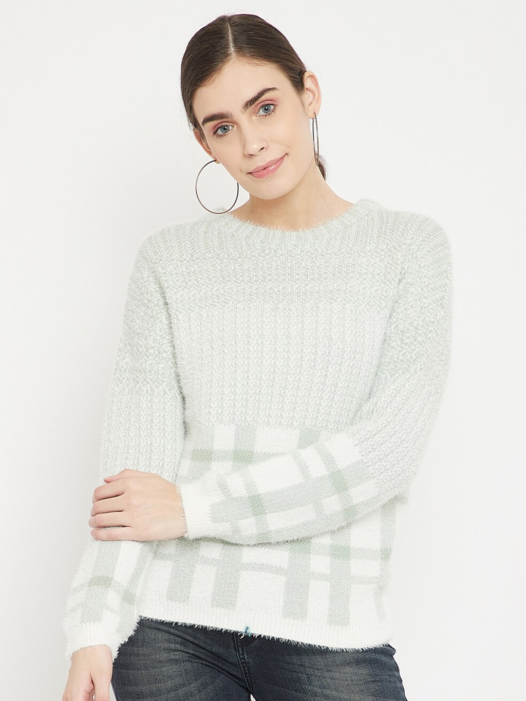

Madame Women Green & White Wool Checked Pullover