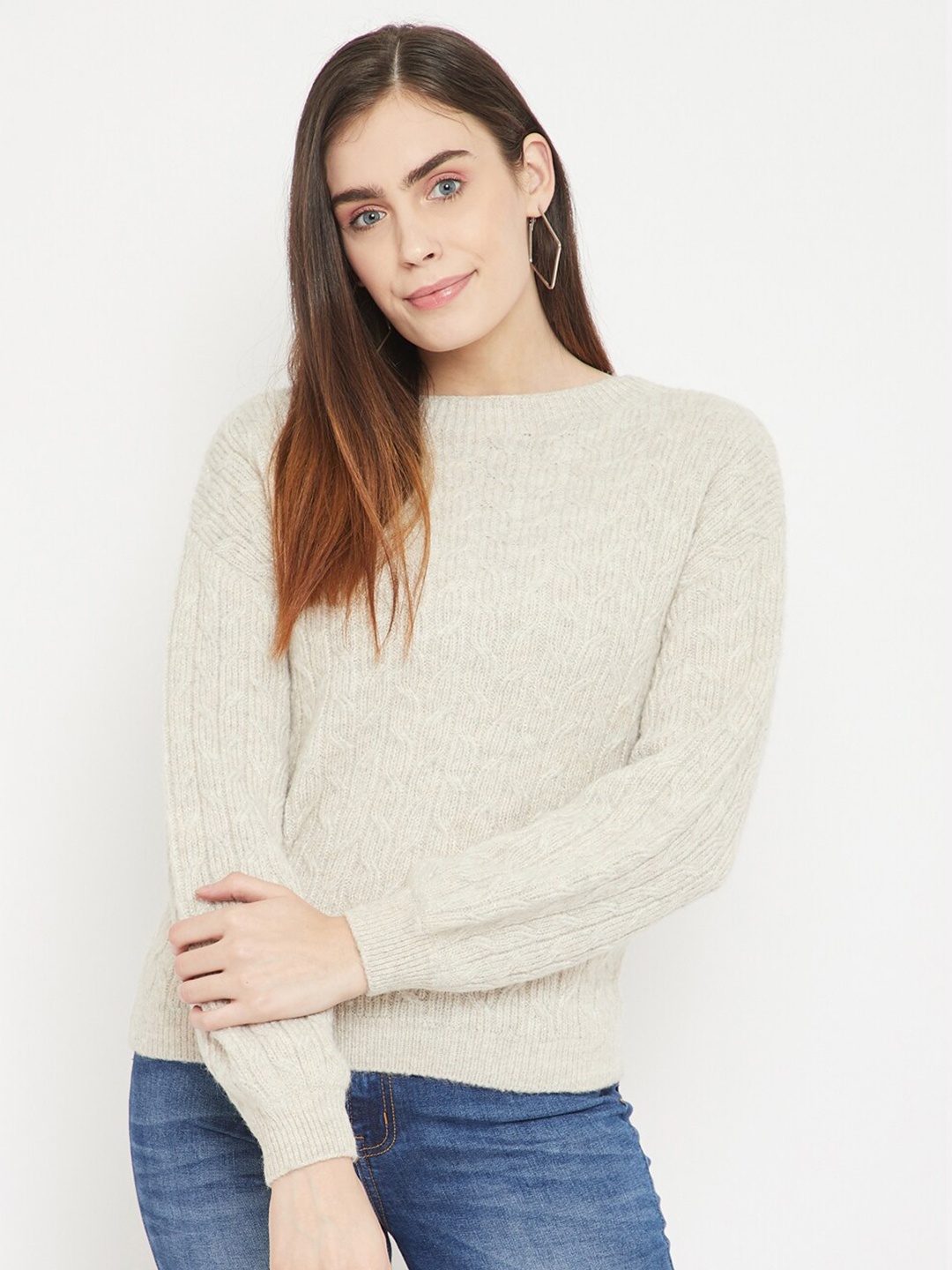 

Madame Women Beige Self Design Wool Pullover