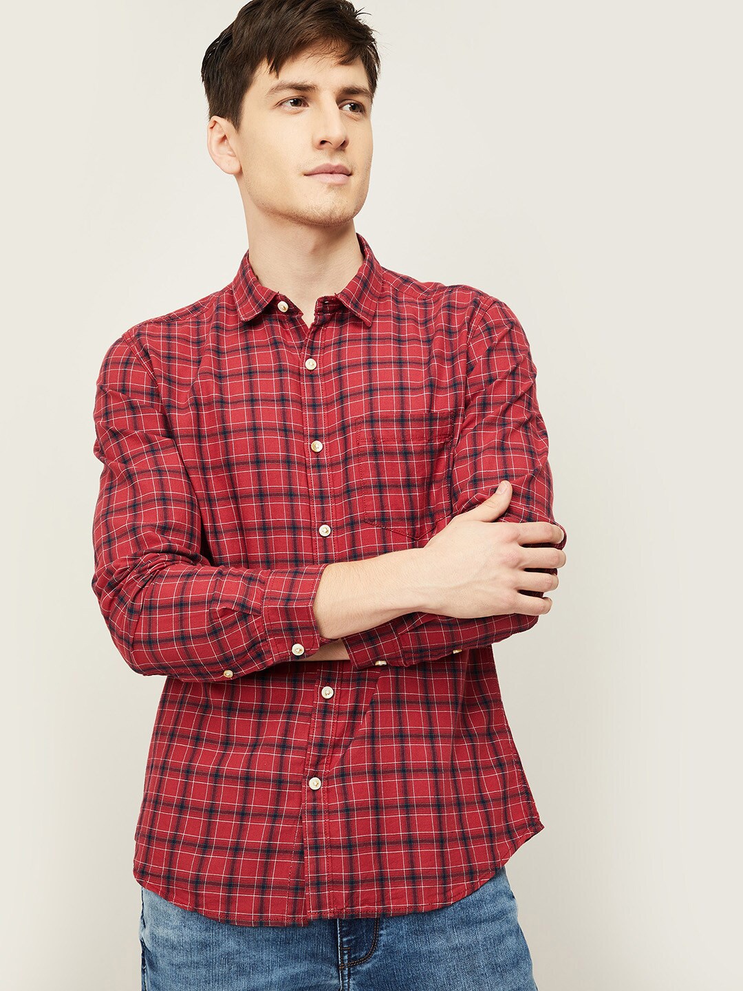 

Forca by Lifestyle Men Red Tartan Checks Checked Casual Shirt