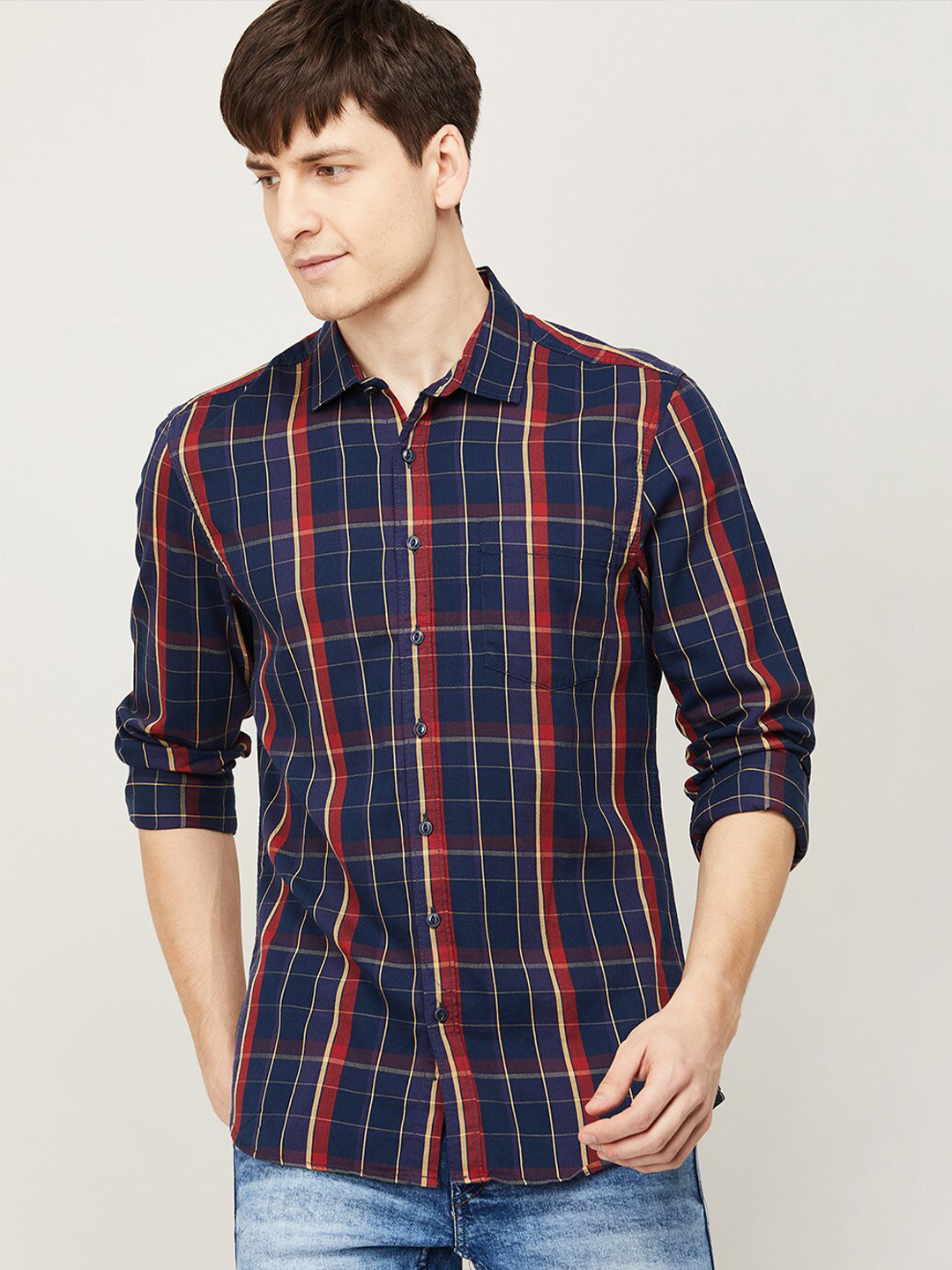 

Forca by Lifestyle Men Navy Blue Tartan Checks Checked Casual Shirt