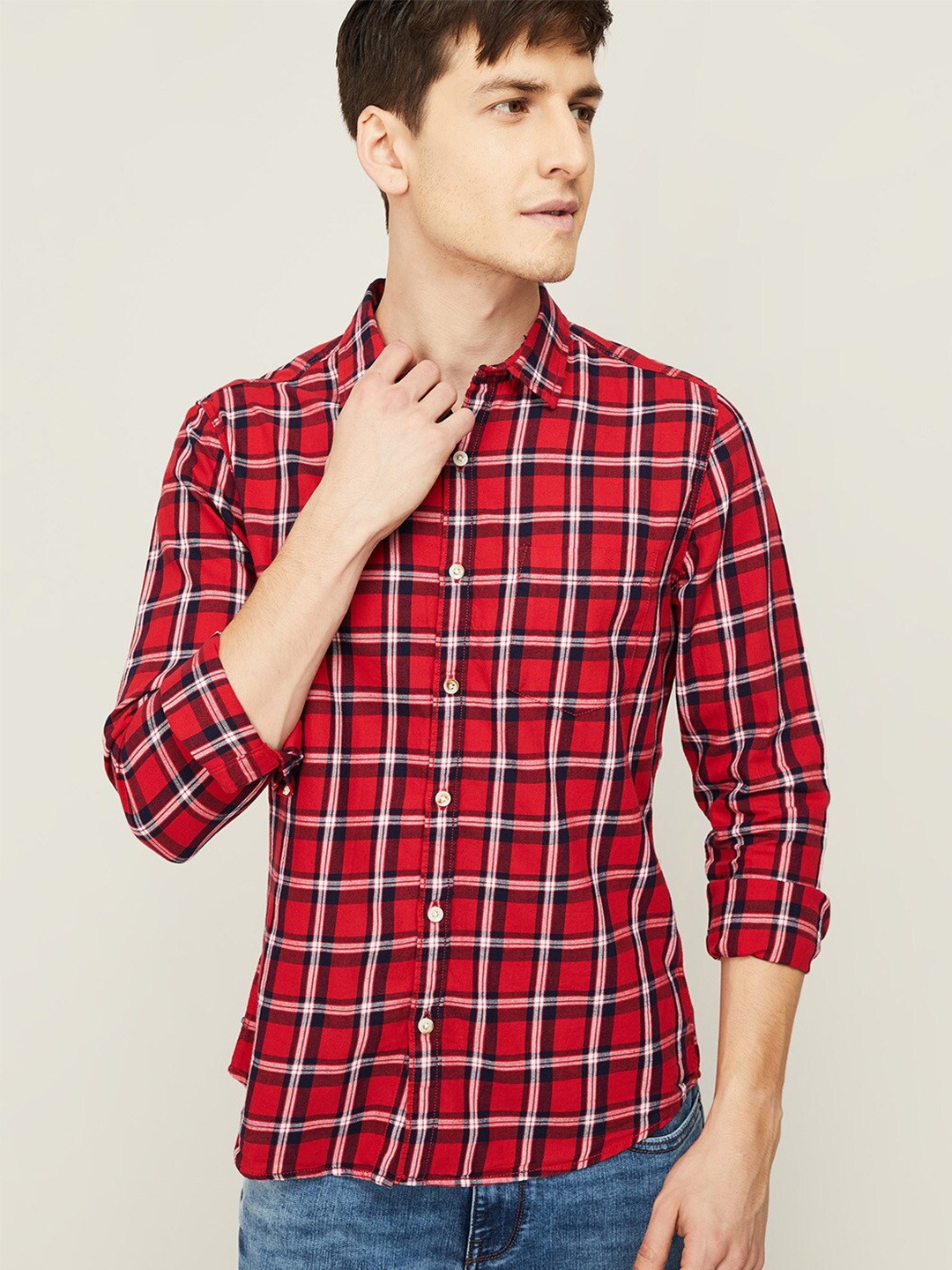 

Forca by Lifestyle Men Red Tartan Checks Checked Casual Shirt