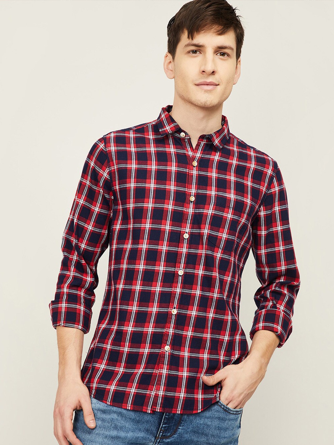 

Forca by Lifestyle Men Navy Blue & Red Tartan Checked Cotton Casual Shirt