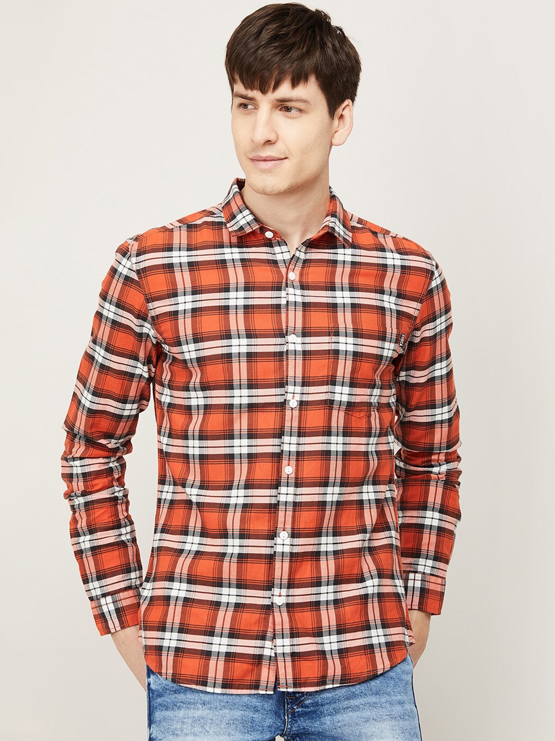 

Forca by Lifestyle Men Orange Tartan Checks Checked Casual Shirt