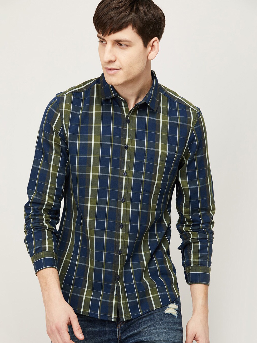 

Forca by Lifestyle Men Olive Green Tartan Checks Checked Casual Shirt
